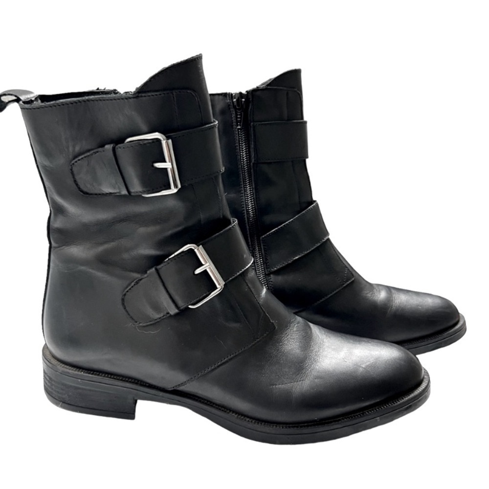 Emanuele Crasto Double Buckle Moto Boots Black Italian Leather Women 8.5/39